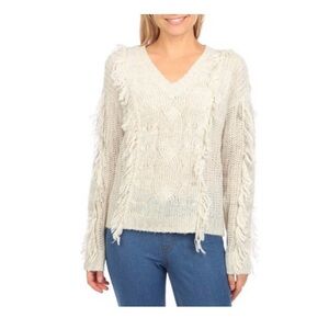 FCT With Love 💕 Sz S Ivory Off White Fringe V Neck Sweater NWT